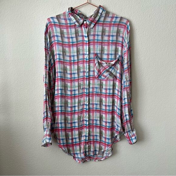 Free People We The Free No Limits Top pink blue plaid Button Up Button Back - Picture 1 of 5